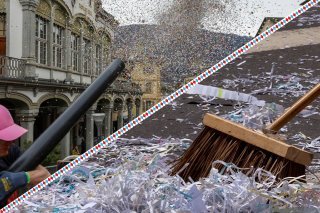 Quand l'Authentique canon à confettis expulse des tonnes de petits papiers, les employés de la voirie de Sion les ramassent derrière.